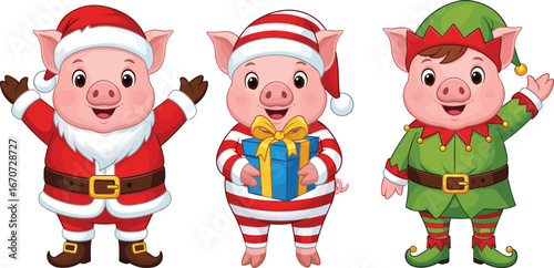 Cute pig Christmas characters in Santa suit, elf costume, and holiday pajamas with present, cartoon festive pig clipart illustration