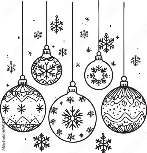 Hanging baubles outline. Minimalistic black line art of Christmas ornaments with snowflakes and stars vector design.
