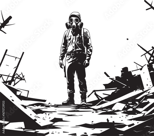 Gas mask survivor outline vector. Minimal post-apocalyptic motif of lone figure.