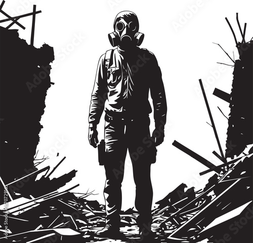 Gas mask survivor outline vector. Minimal post-apocalyptic motif of lone figure.