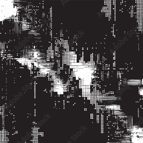 Glitch tech banner outline. Black and white abstract vector simulating broken pixel tech design.
