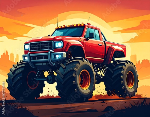 Red monster truck at sunset