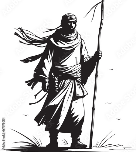 Desert nomad outline. Concept sketch with staff and layered robes in minimal style.
