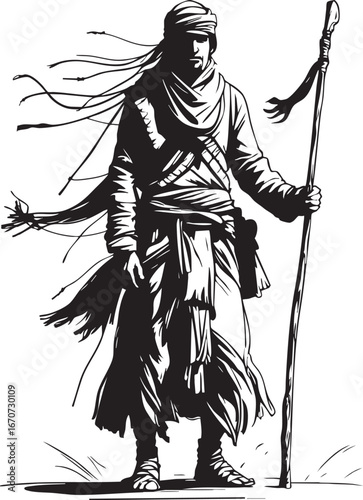 Desert nomad outline. Concept sketch with staff and layered robes in minimal style.