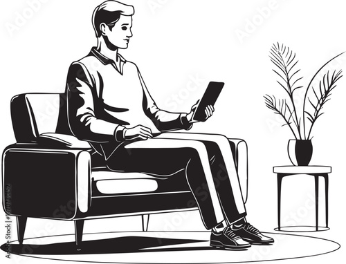 Outline patient using tablet for remote telehealth consultation at home