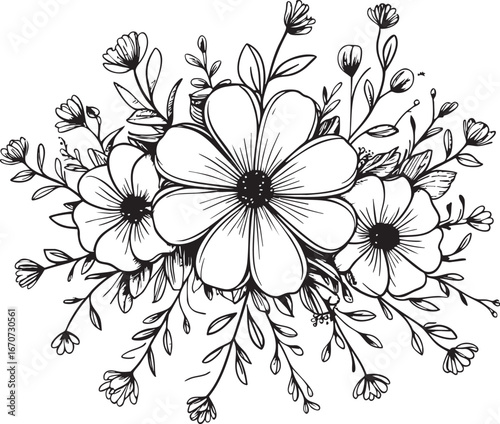 Bridesmaid flower bracelet outline. Minimalist black and white vector of wedding bouquet accessory.