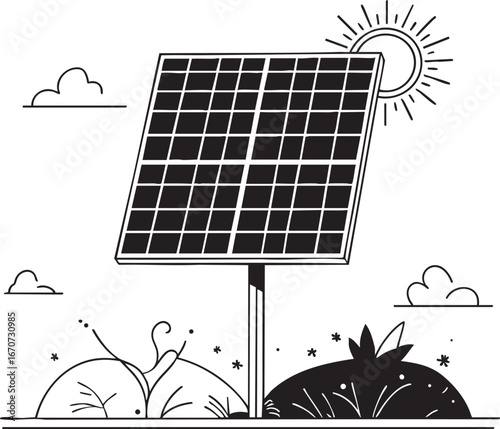 Solar panel and sun outline. Minimalist vector symbol of renewable energy and sustainability.