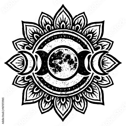 Rustic Black and White Triple Goddess Moon Mandala - Hand-Drawn Design for Spiritual, Pagan, and Bohemian Themes