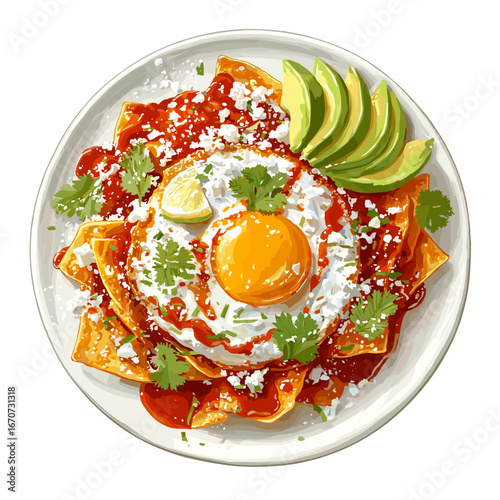 Chilaquiles Rojos with Fried Egg and Avocado