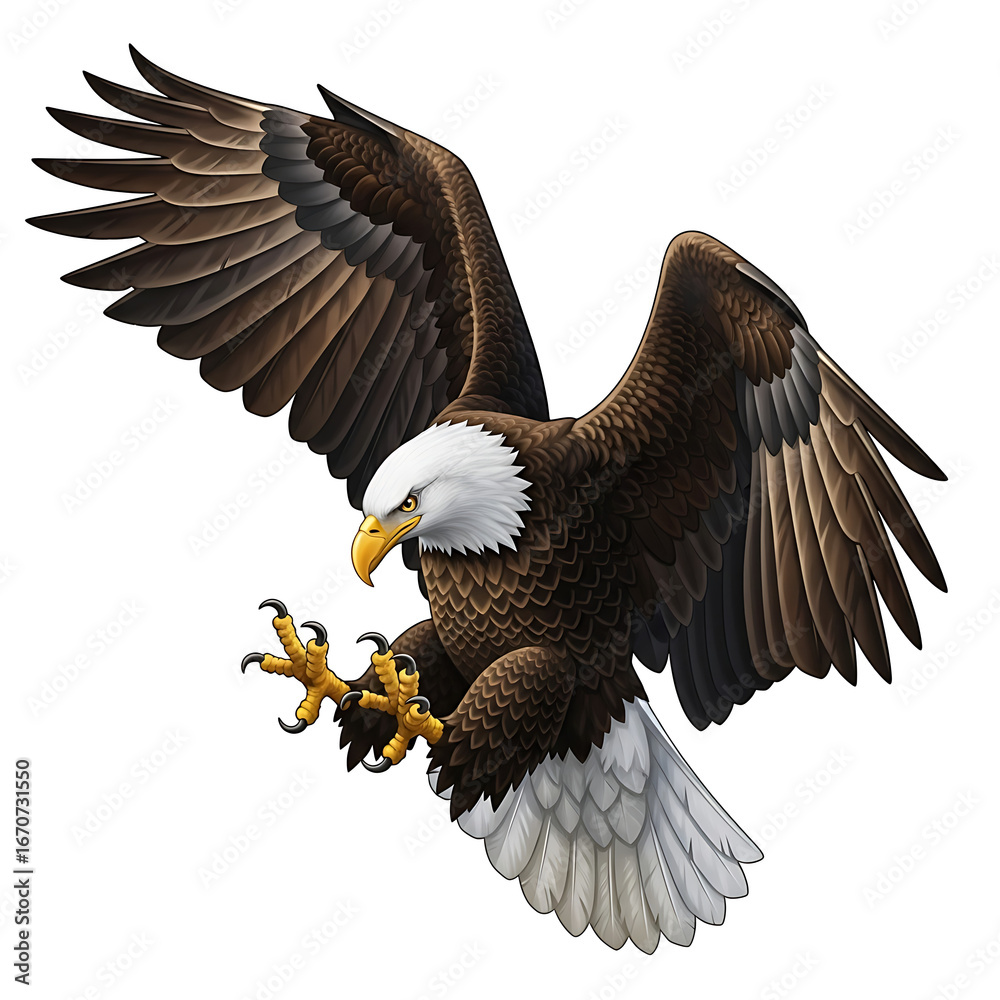 Obraz premium Illustration of a bald eagle in flight with wings spread and talons extended on a white background