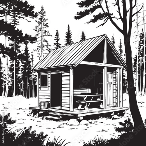 Wilderness cabin outline. Survival shelter in forest vector style.