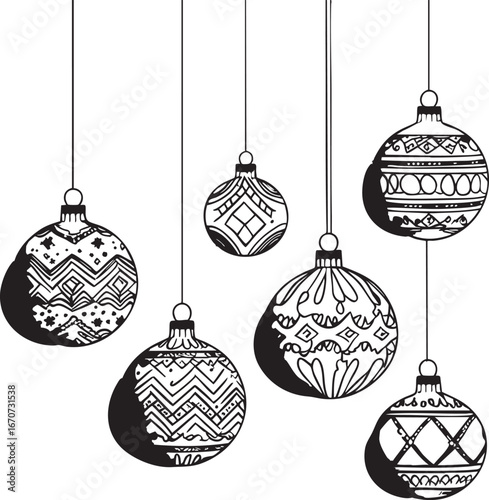 Christmas baubles outline. Minimalistic black line art of festive ornaments with decorative patterns vector illustration.