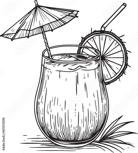Coconut drink outline. Tropical refreshment in minimal style.