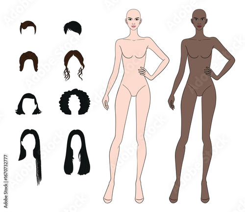 Mix and match colored skin tones fashion croquis figurines female body with hand on hip different hairs in vector.