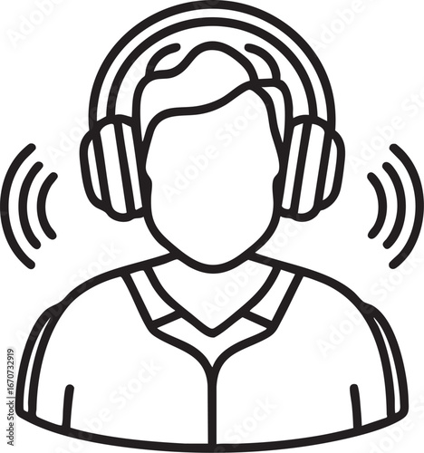 Podcast listener icon. Outline vector of person with headphones and sound waves minimalist design