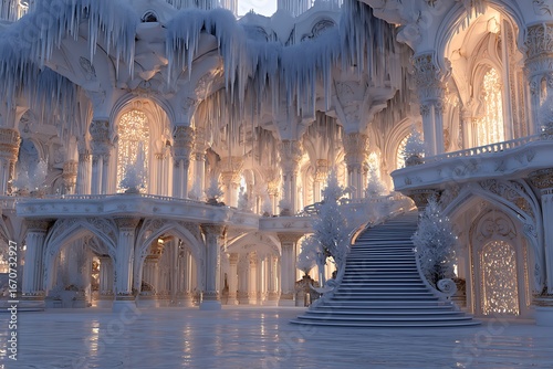 Stunning ice palace interior with dramatic icicles and elegant architecture bathed in warm sunlight, perfect for fantasy concepts