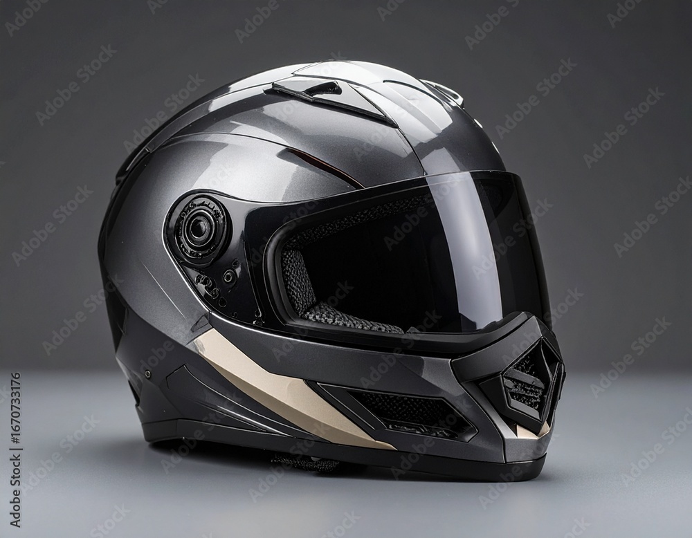 Fototapeta premium Protective Motorcycle Helmet: a streamlined, metallic-finish motorcycle helmet. This image captures the essence of safety and style.
