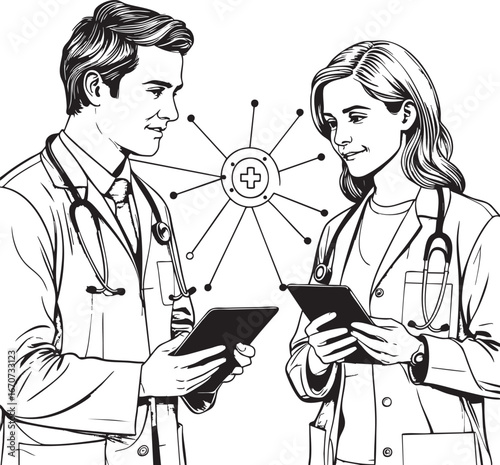Outline vector of telehealth communication between doctor and patient on tablets