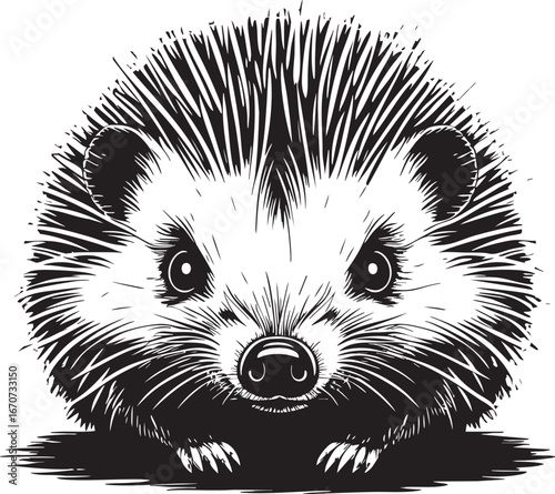 Curled hedgehog outline. Spiny compact form with face peeking through detailed lines