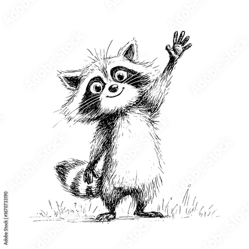 A waving raccoon sketch in ink shows playful charm and friendly character for illustration logo design.