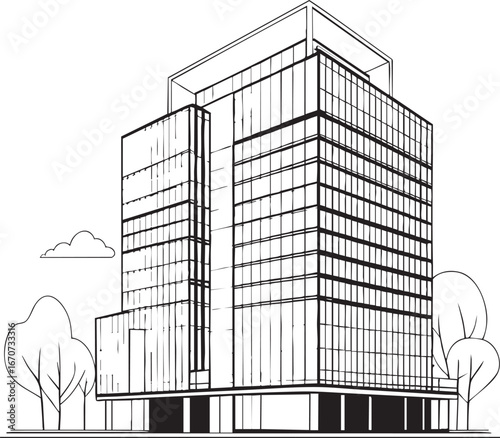 Corporate office building outline. Minimalist black and white vector of modern business structure.