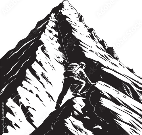 Person climbing mountain outline. Symbol of perseverance in minimalist line art
