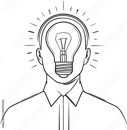 Outline concept of positive thinking with light bulb in head. Minimal black and white vector art
