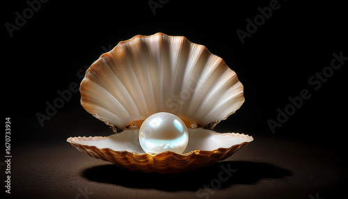 a pearl nestled in an open seashell illuminated against a dark background