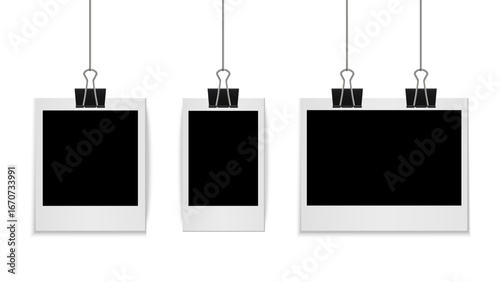 Realistic Hanging Polaroid Photo Frames with Binder Clips – Blank Retro Instant Picture Templates for Scrapbook, Collage, Album, and Photography – Picture Frames Collage Wall Decor, Photo Hanger.