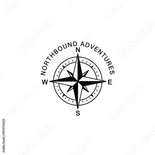 A black and white compass rose logo symbolizing adventure and exploration.