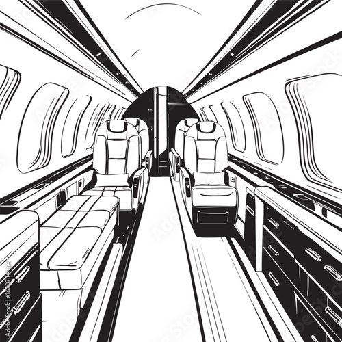 Private jet interior outline. Vector cabin layout with seats and cross-section view.