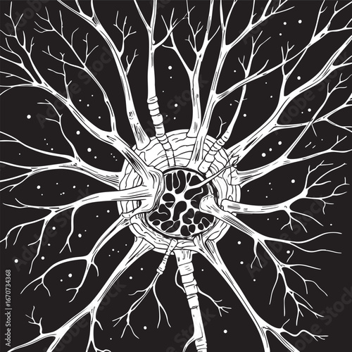 Neuron Cell Structure Scientific Outline Illustration. Detailed Neuroscience Drawing with Axon Dendrites and Synapse Connections.