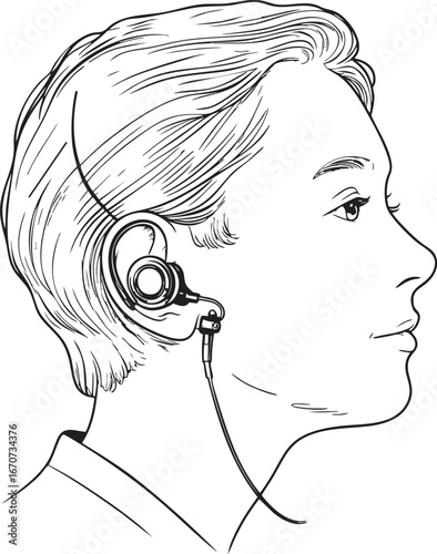 Person wearing hearing aid outline vector. Profile view line illustration for audiology and hearing health awareness.