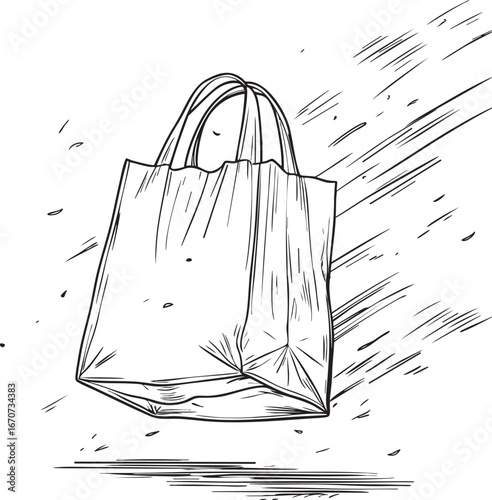 Plastic bag outline in wind. Minimalist black and white line art symbolizing plastic pollution