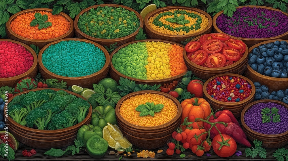 Fototapeta premium Colorful arrangement of fruits and vegetables in woven baskets.