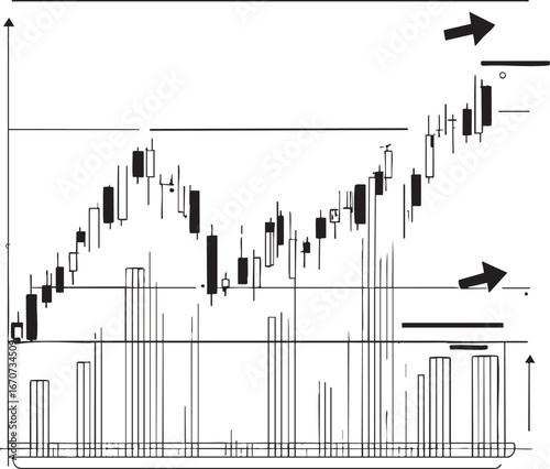 Stock market outline with candlestick chart and trend arrows in minimalist vector style