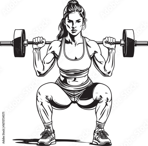 Outline vector of woman doing dumbbell squats clean minimal gym illustration