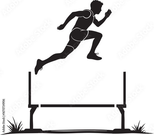 Hurdler jumping outline. Minimalist black and white vector symbolizing overcoming obstacles and challenges.