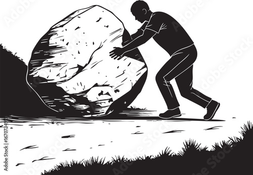 Relentless determination outline. Minimalist black and white vector of pushing a boulder uphill.