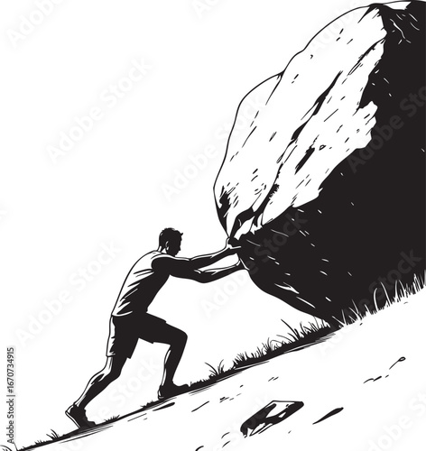 Relentless determination outline. Minimalist black and white vector of pushing a boulder uphill.