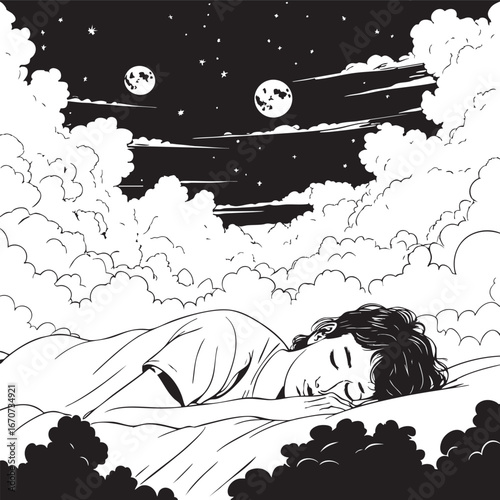 Sleeping dreamer outline. Minimalist black and white vector with surreal clouds and multiple moons.