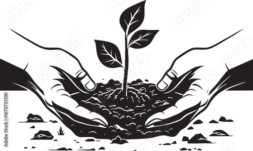 Planting for the future outline. Minimalist black and white vector symbolizing dedication to growth.