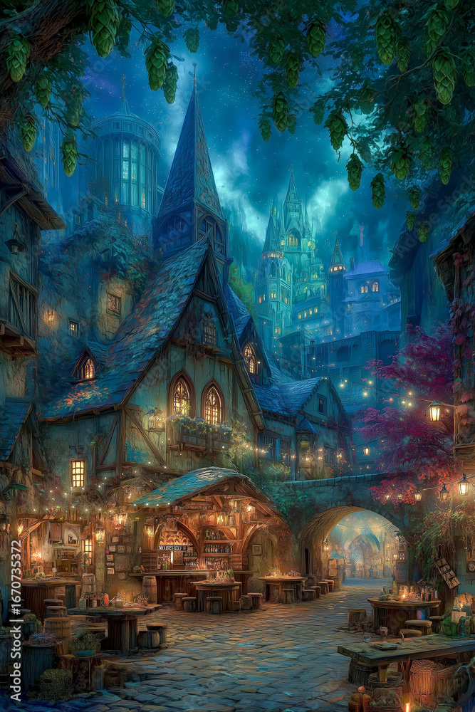 Fototapeta premium Mystical village scene with enchanting architecture and a night sky.