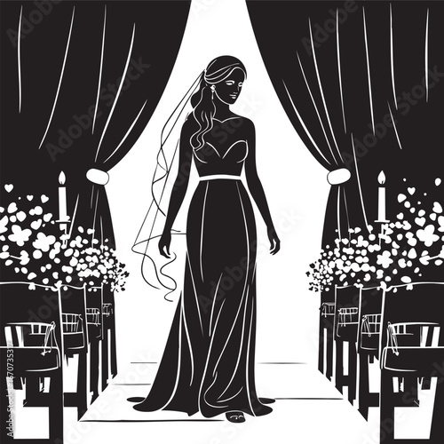 Bride walking down the aisle outline. Minimalist black and white vector capturing wedding moment.