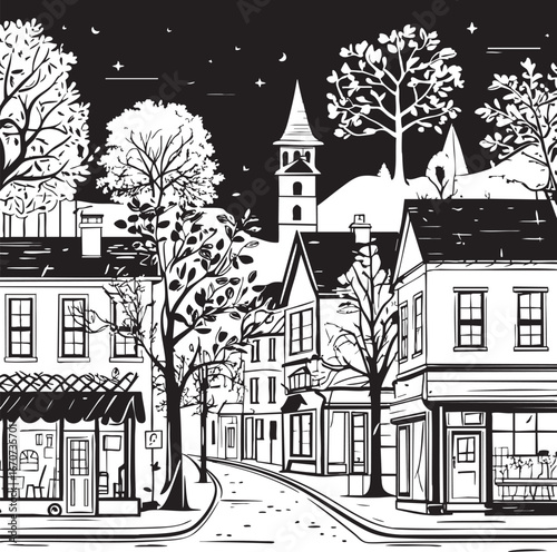 Small town outline. Minimalist black and white vector illustration of houses and streets.