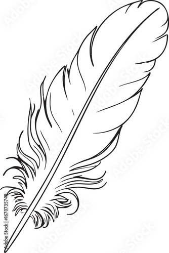 Floating feather outline. Minimalist black and white vector representing calm and lightness.