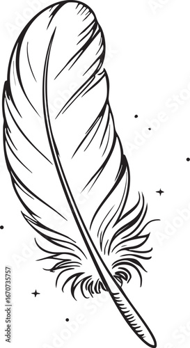 Floating feather outline. Minimalist black and white vector representing calm and lightness.