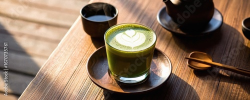 A beautifully crafted matcha latte served in a glass, accompanied by a wooden spoon and traditional japanese tea utensils on a rustic wooden table.