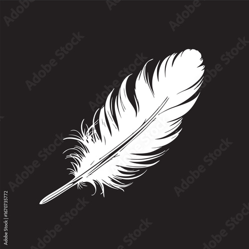 Floating feather outline. Minimalist black and white vector representing calm and lightness.