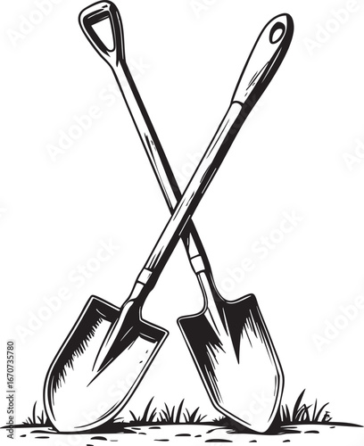 Garden shovel and trowel outline. Minimalist black and white vector of essential gardening tools.